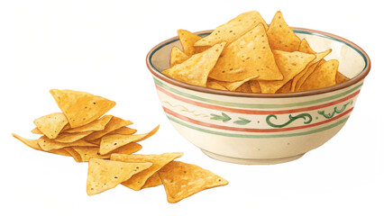 A tempting bowl of golden tortilla chips with a small pile, isolated on transparent background, perfect for snacking