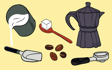 Coffee making doodle hand-Drawn barista tools and   vector Illustration isolated design elements set