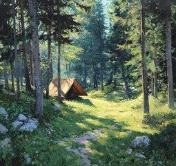 Sunlit path winding through a verdant forest, a small tent nestled within