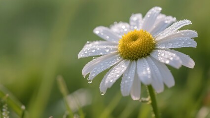 Daisy with Dew Drops in a Green Field