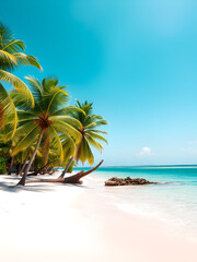 Idyllic Tropical Beach Scene: Pristine sands meet turquoise waters, fringed by swaying palm trees under a clear blue sky, evoking a sense of serenity and escape in a tropical paradise.