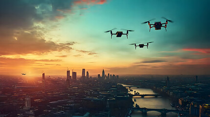 Drones over city skyline at sunset