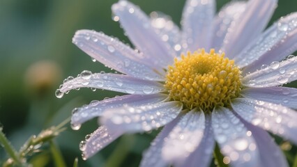 A delicate white flower with a vibrant yellow center, adorned with glistening water droplets.