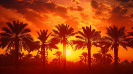 Obraz premium The silhouette of date palm trees against a fiery orange sunset