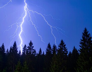 A powerful lightning bolt illuminates a dark forest silhouetted against a twilight blue sky