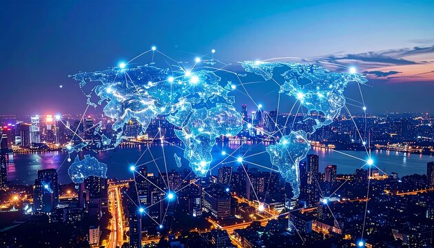 Global connectivity, night cityscape overlay