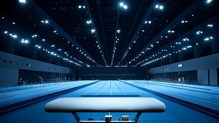 Empty indoor sports arena with blue pools