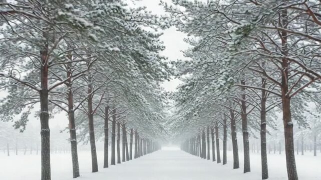 Snowy pine tree avenue forming a perfect symmetrical path in a peaceful winter landscape