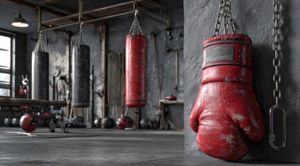Worn boxing glove hangs in a rustic gym