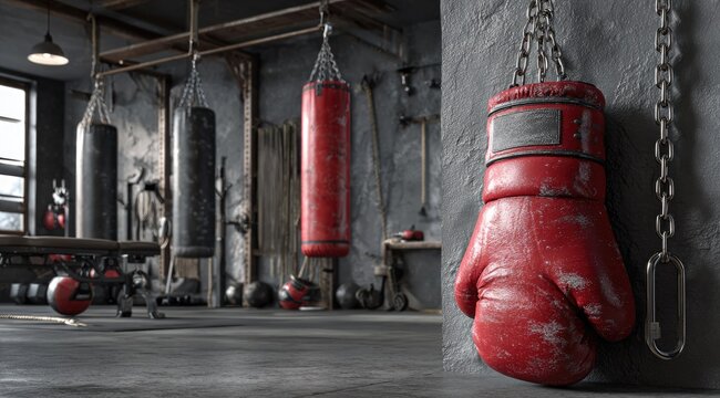 Worn boxing glove hangs in a rustic gym - Powered by Adobe