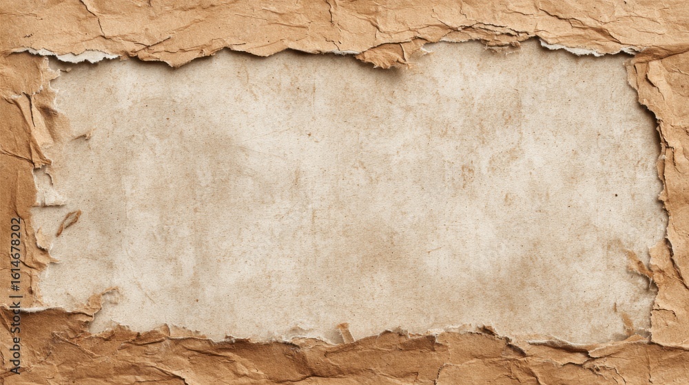 Poster a crumpled sheet of brown paper features a torn edge, providing a rustic and vintage look. this text