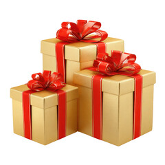 Obraz premium Three stacked golden gift boxes with red ribbons