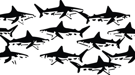 Pattern of hammerhead sharks, black and white marine background, seamless aquatic illustration, underwater predator design, ocean wildlife motif, graphic shark vector wallpaper
