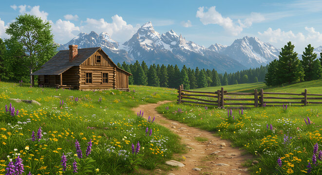 A rustic log cabin in a sunny wildflower meadow with a path leading towards a majestic snow-capped mountain range.