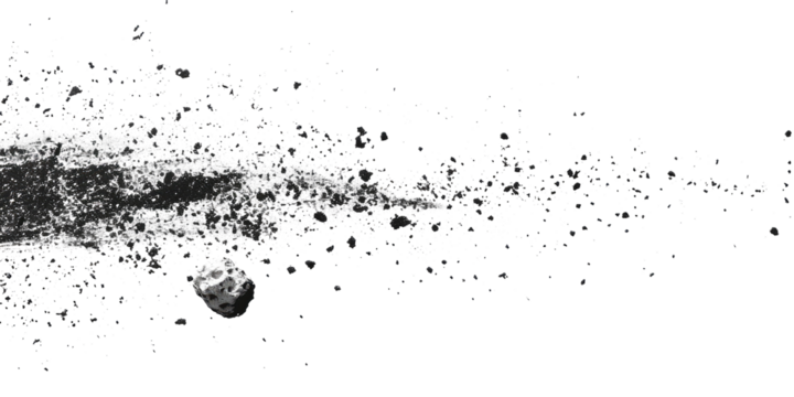PNG. A line of small black particles on white background, with an asteroid in the upper left corner. The debris is scattered across all three edges and has no shadows or reflections