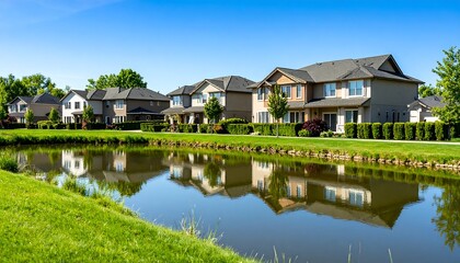 Obraz premium Suburban homes reflecting in pond