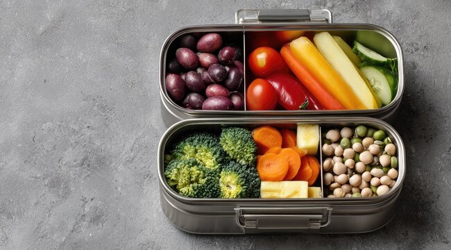 Healthy packed lunch in a divided stainless steel container