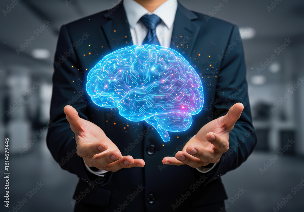 Poster business professional presenting a luminous digital brain, symbolizing advanced artificial intellige