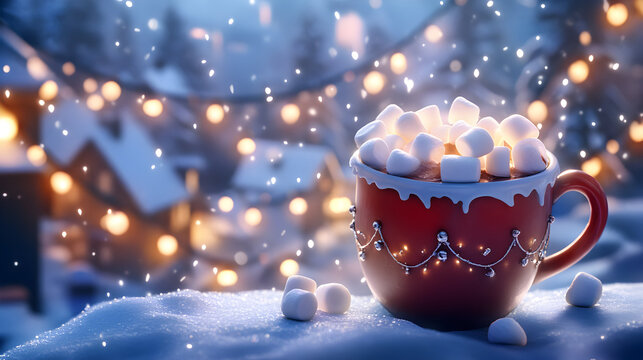Cozy hot chocolate mug with marshmallows in snowy village - Powered by Adobe