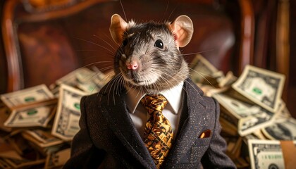 A rat in a suit sits amidst a pile of money