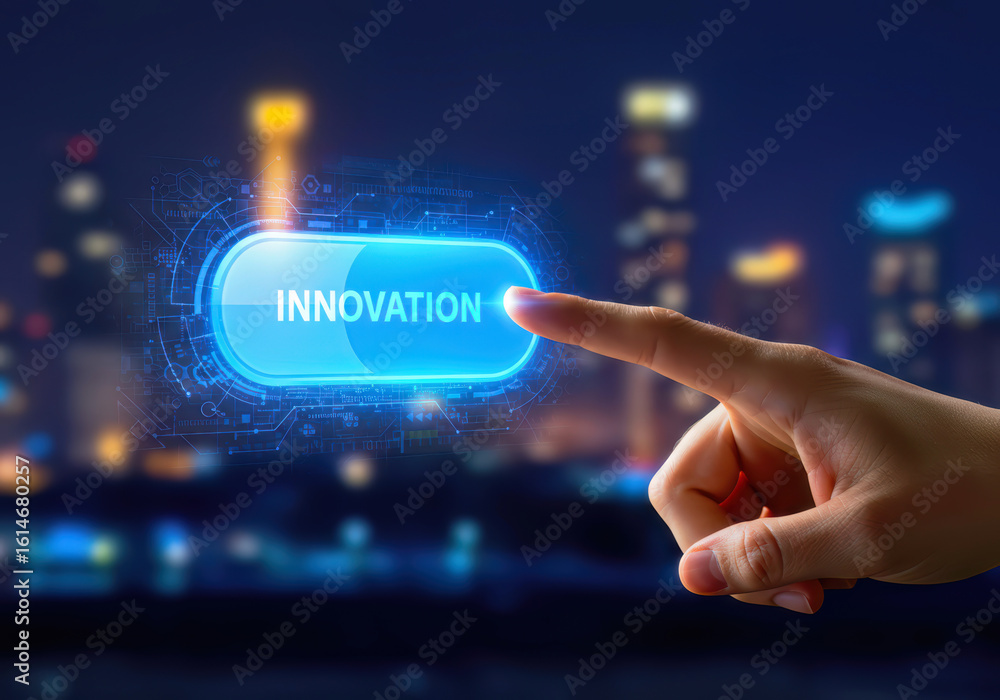 Poster finger touches illuminated innovation button, representing the spark of new ideas and technological 