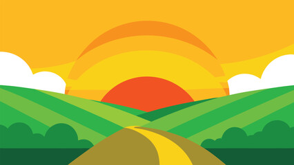Obraz premium Rolling green hills with a winding path leading to a vibrant sunrise