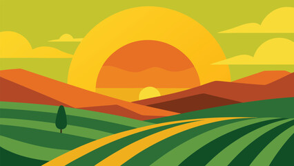 Obraz premium Vibrant sunrise over rolling green hills and agricultural fields