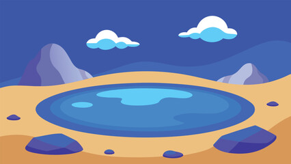 Stylized desert oasis with a clear blue pool and rocky landscape under a bright sky