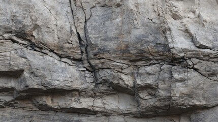 A rocky cliff displays intricate textures and layers, with visible cracks and shadows enhancing the natural features under soft daylight. The scene captures the beauty of geology.