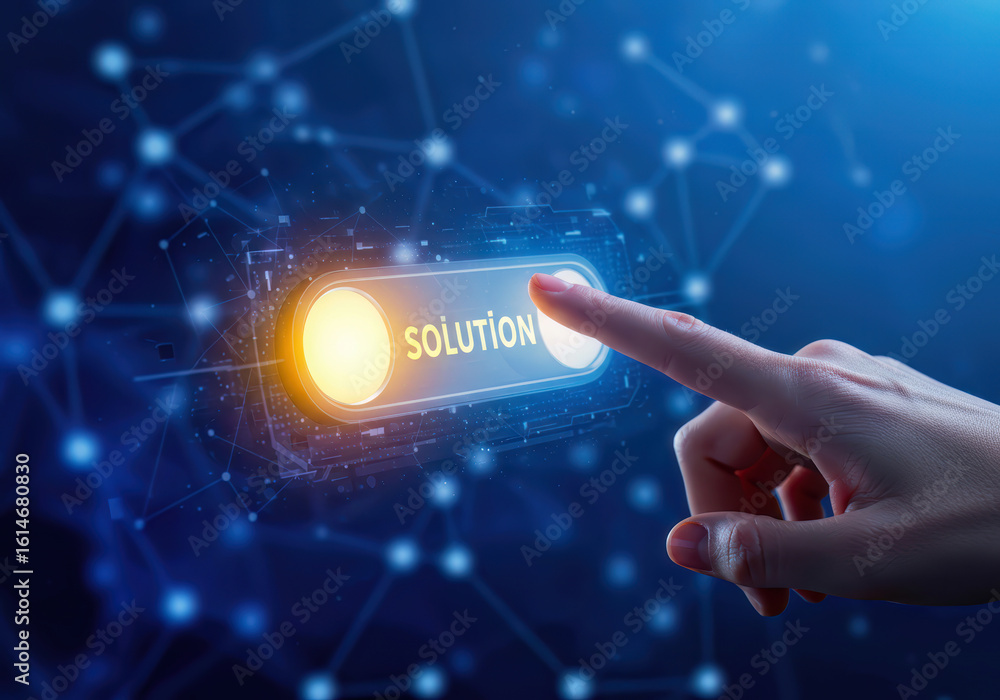 Poster human finger activating a glowing digital 'solution' button on a futuristic blue network background,