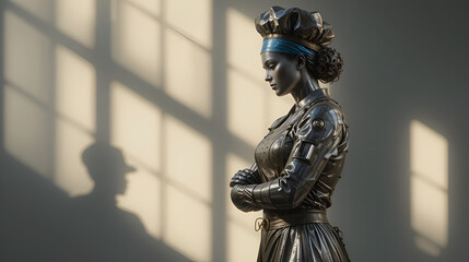 professions woman chef from a perspective with the shadow. A thick sculpture made of metallic materials of 3D rendering. illustration and icon