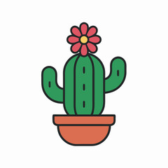 Colorful cartoon cactus with pink flower in terracotta pot on white background