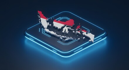 A 3D map of Indonesia, colored with its national flag, on a futuristic glowing platform.