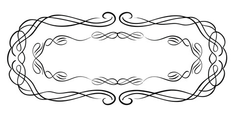 Elegant ornate black calligraphy flourish frame with decorative swirls isolated on white background silhouette