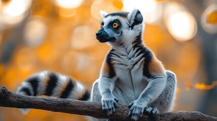 Ring-tailed lemur on branch, looking up