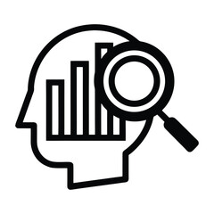 Black and white icon of a human head profile with bar graph and magnifying glass silhouette brain