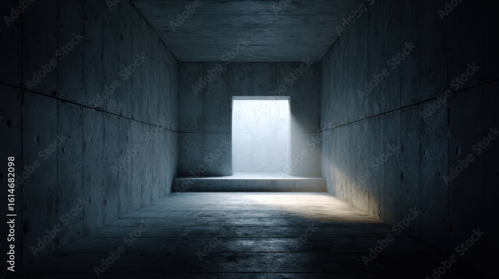 Poster soft light filters through an open doorway in a stark concrete room, creating a serene atmosphere wi