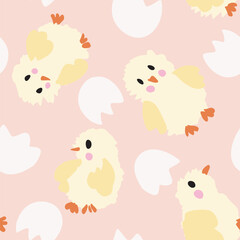 Cute hand drawn chicks with rosy cheeks and broken egg shells as an abstract holiday pattern in colors of yellow, red, black and off white on pink. Easter seamless vector pattern. Great for home decor