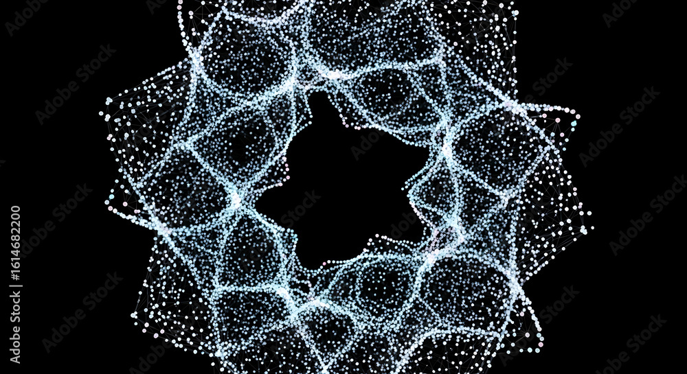 Poster abstract geometric pattern of interconnected dots forming a circular shape on black background