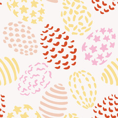 Hand painted hearts, dots, stars and lines forming Easter eggs as a minimalist abstract pattern in colors of red, pink, yellow and peach on off white. Seamless vector pattern. Great for home decor.