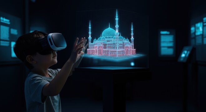 Young Boy Exploring 3D Mosque Model with Virtual Reality Headset in Museum Setting