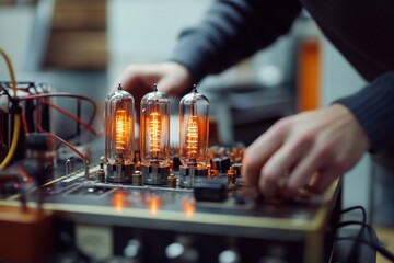 Guitar player powers on vintage tube valve amplifier with glowing tubes in a warm workshop setting, Guitar Player Powering On Tube Valve Vintage Amplifier Music Related Concept