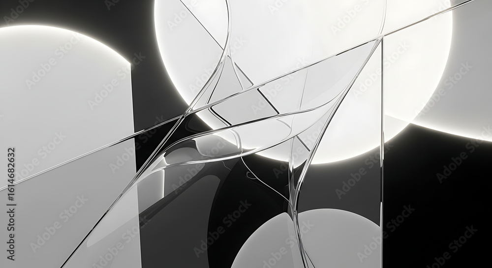 Poster abstract rendering of intersecting planes with circular light sources in monochrome tones