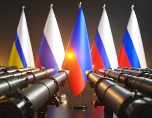 Flags of Russia and Ukraine surrounded by cannons