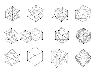 Abstract geometric shapes, interconnected points and lines, forming various 3D structures.