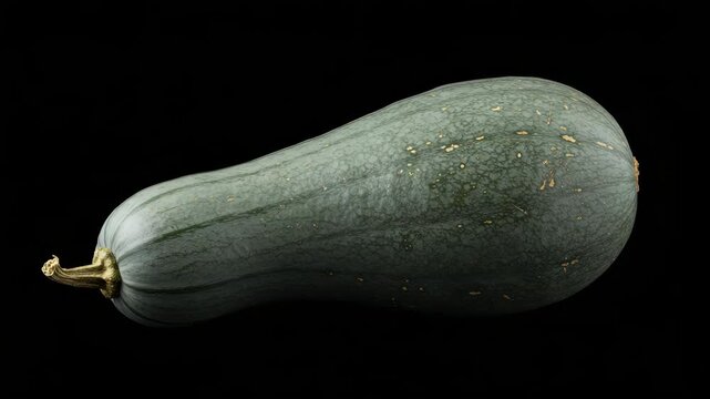 A single, elongated green squash with a textured rind rests against a dark background