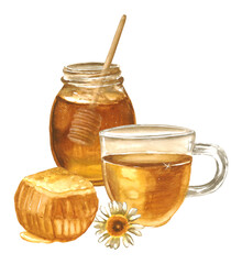 Jar of honey, cup of tea, honeycomb breakfast watercolor clipart PNG