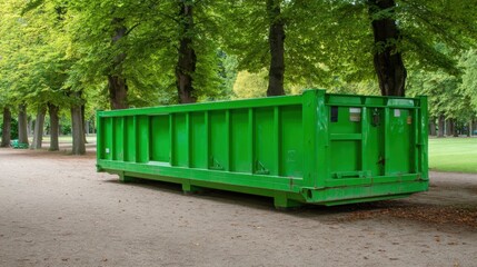 A large green dumpster sits on a path in a lush public park shaded by tall trees under clear blue skies. It is a bright, sunny day ideal for outdoor activities.
