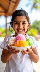 Happy child holding shaved ice