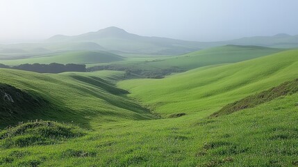 Fototapeta premium Rolling green hills, misty mountains